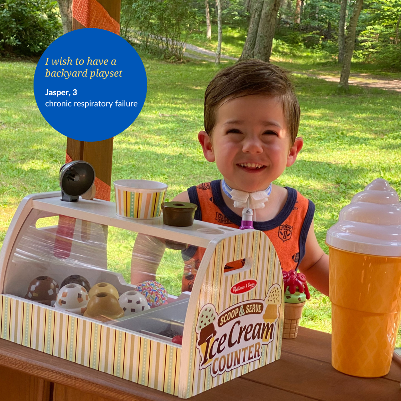 Wish kid Jasper, who has chronic respiratory failure and wished for a backyard playset